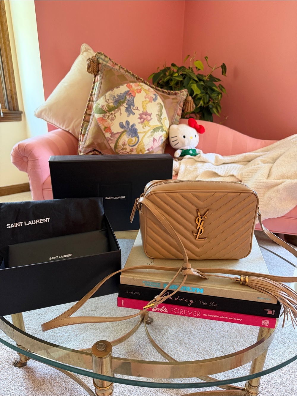 Saint Laurent Beige Quilted Lou Camera Crossbody with Tassel